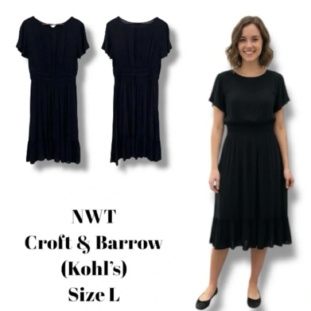 Croft & Barrow (Kohl’s) NWT Dress Mineral Black Flutter Sleeve Midi Women’s L